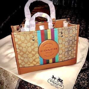 🔥COACH Dempsey Signature Striped Jacquard & Refined Pebble Leather Tote!*Medium